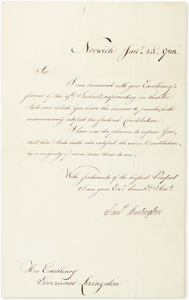 HUNTINGTON, SAMUEL. Letter Signed, Saml Huntington, as Governor, to Governor of NJ William Livingston, informing him that CT has rat